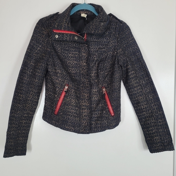 Free People‎ Houndstooth Leopard Print Moto Jacket Size 0 Grunge Animal Print - Picture 7 of 13